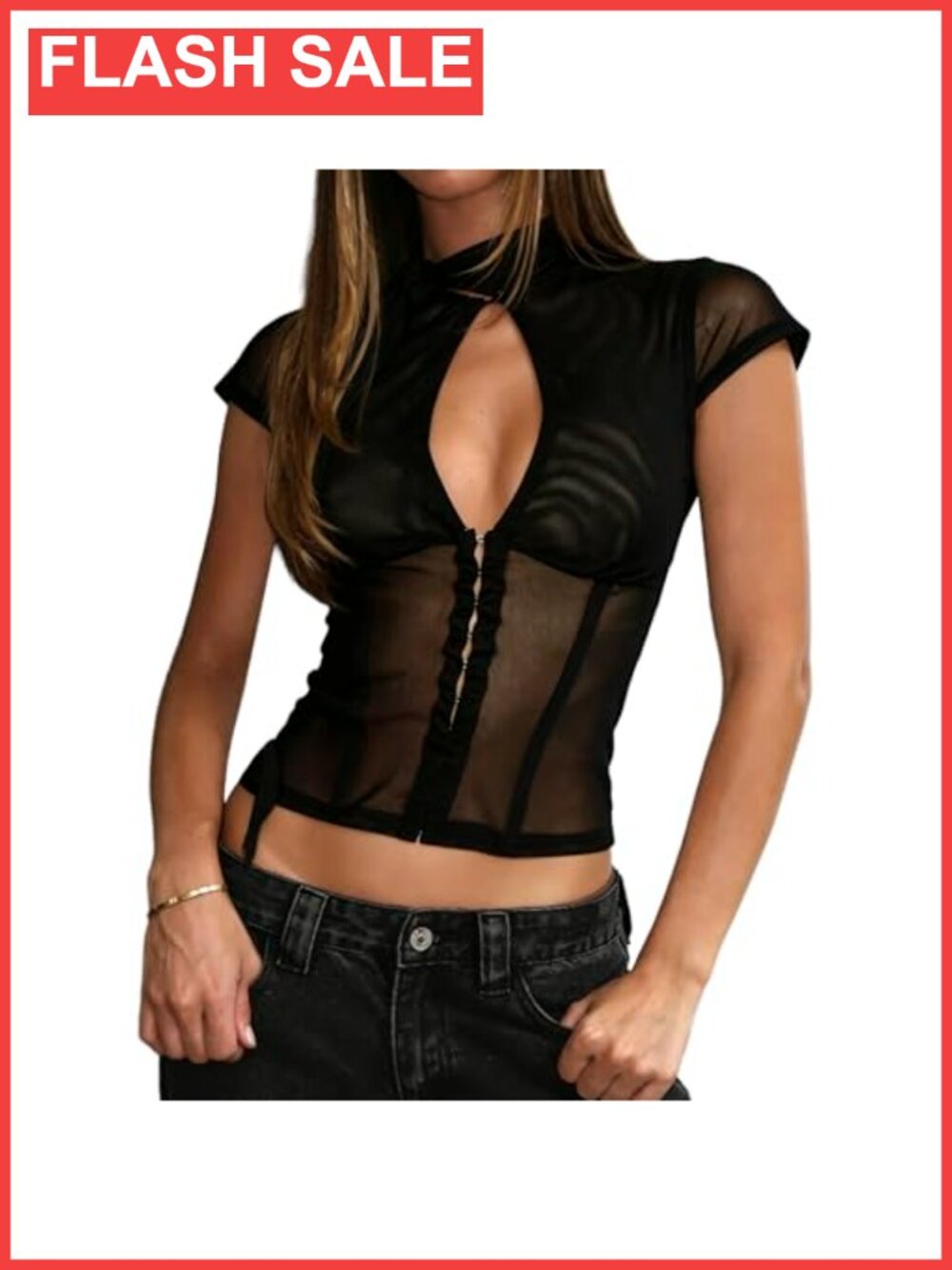 Women Mesh Keyhole Neck Bustier Crop Top Short Sleeve Clubwear Corset Top